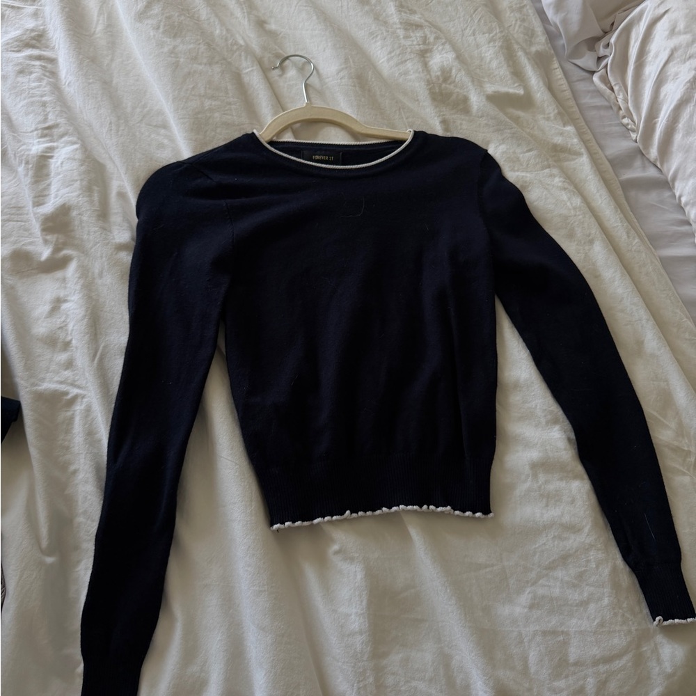 Forever 21 Navy Crewneck Sweater with White Trim